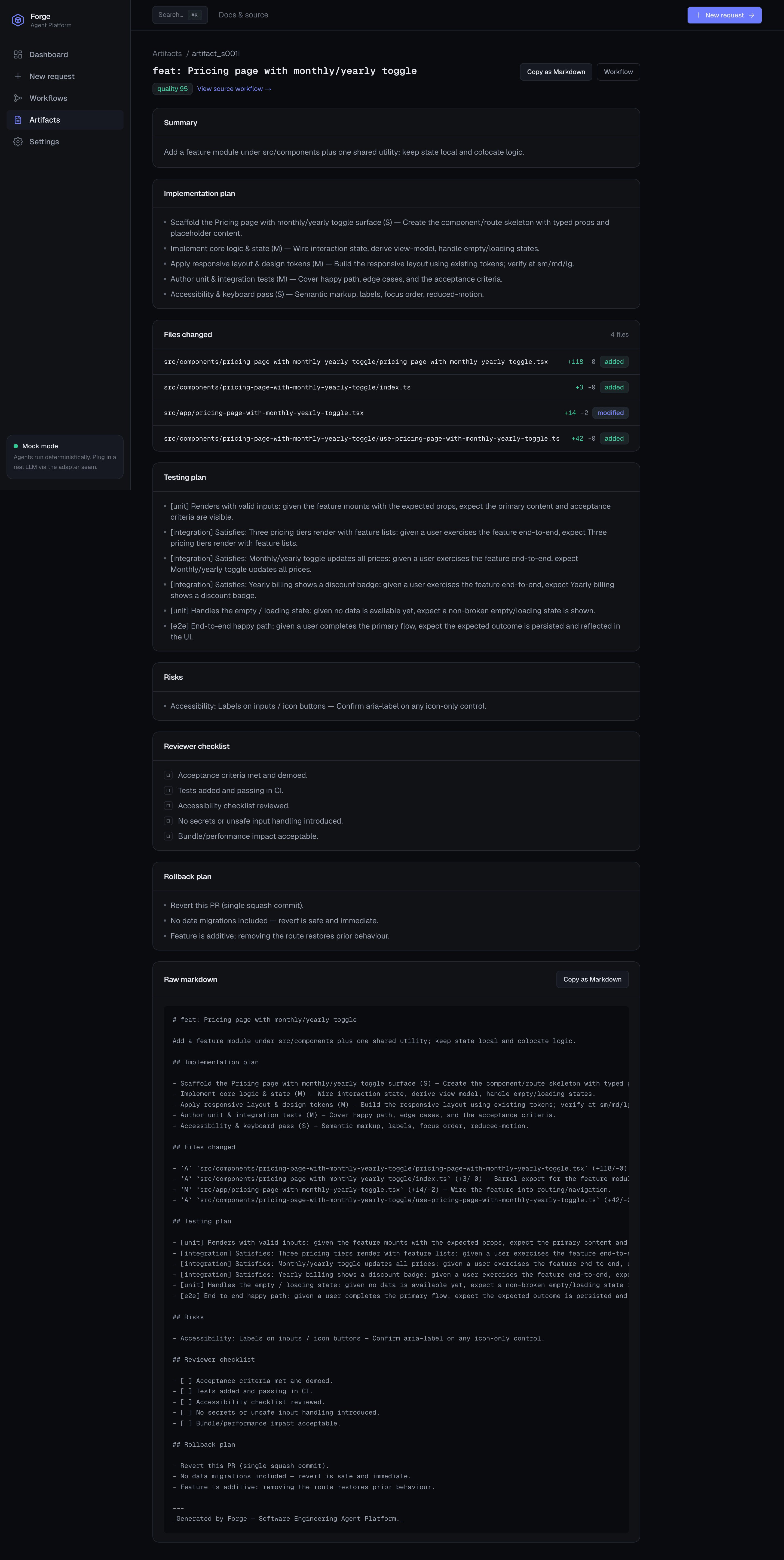 Pull-request-ready artifact summary, copyable as Markdown