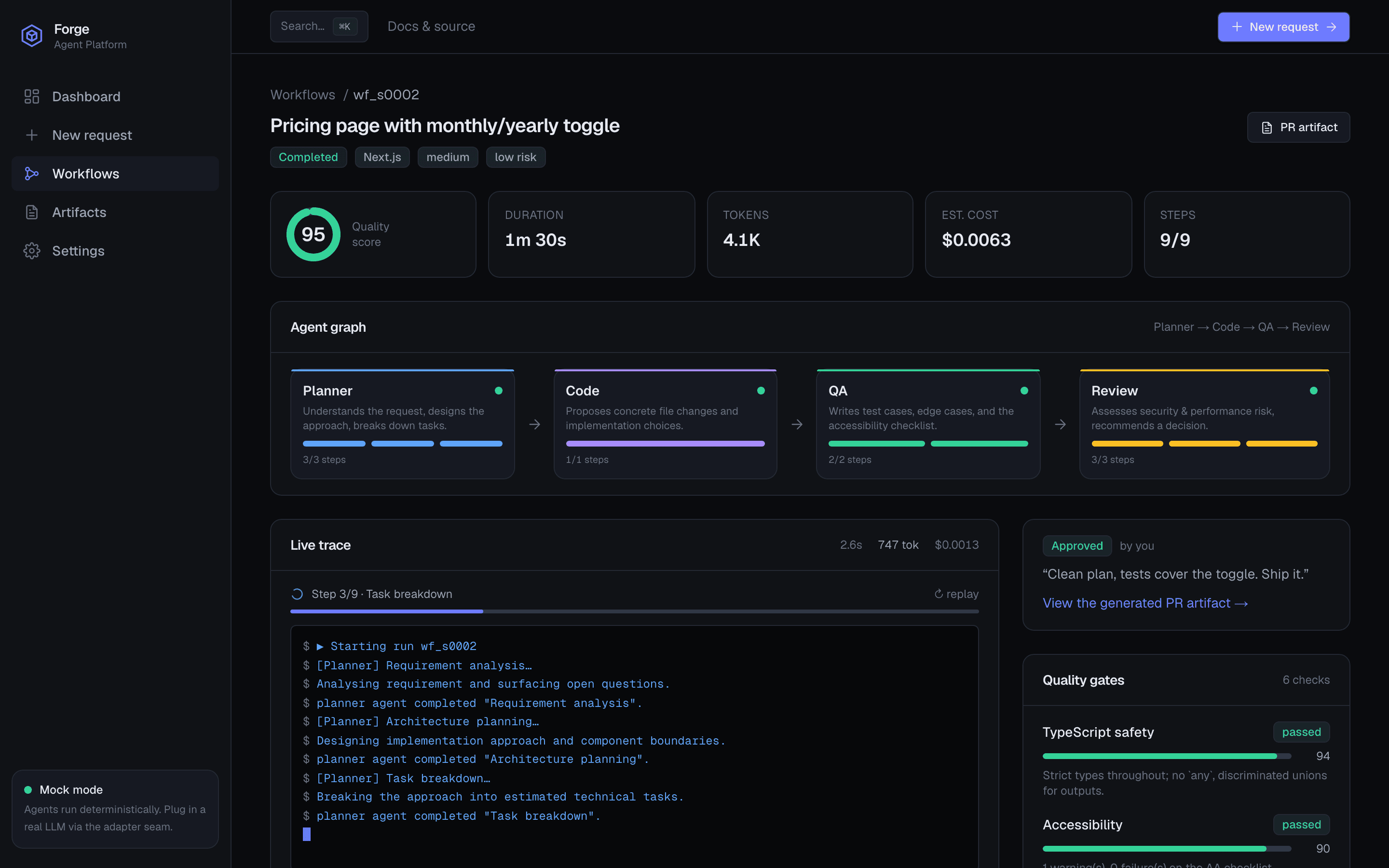 A run replayed as a live server-sent stream with a ticking token, cost, and elapsed counter
