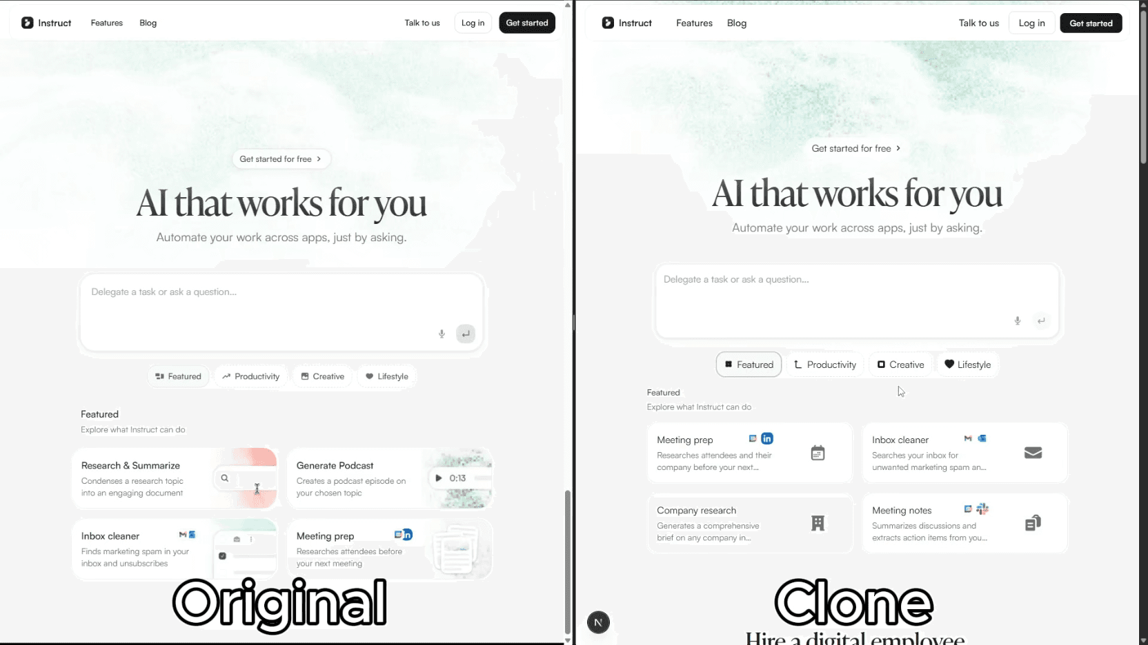 Side-by-side of an original site and its Morph clone, matching hero, tabs, and feature grid