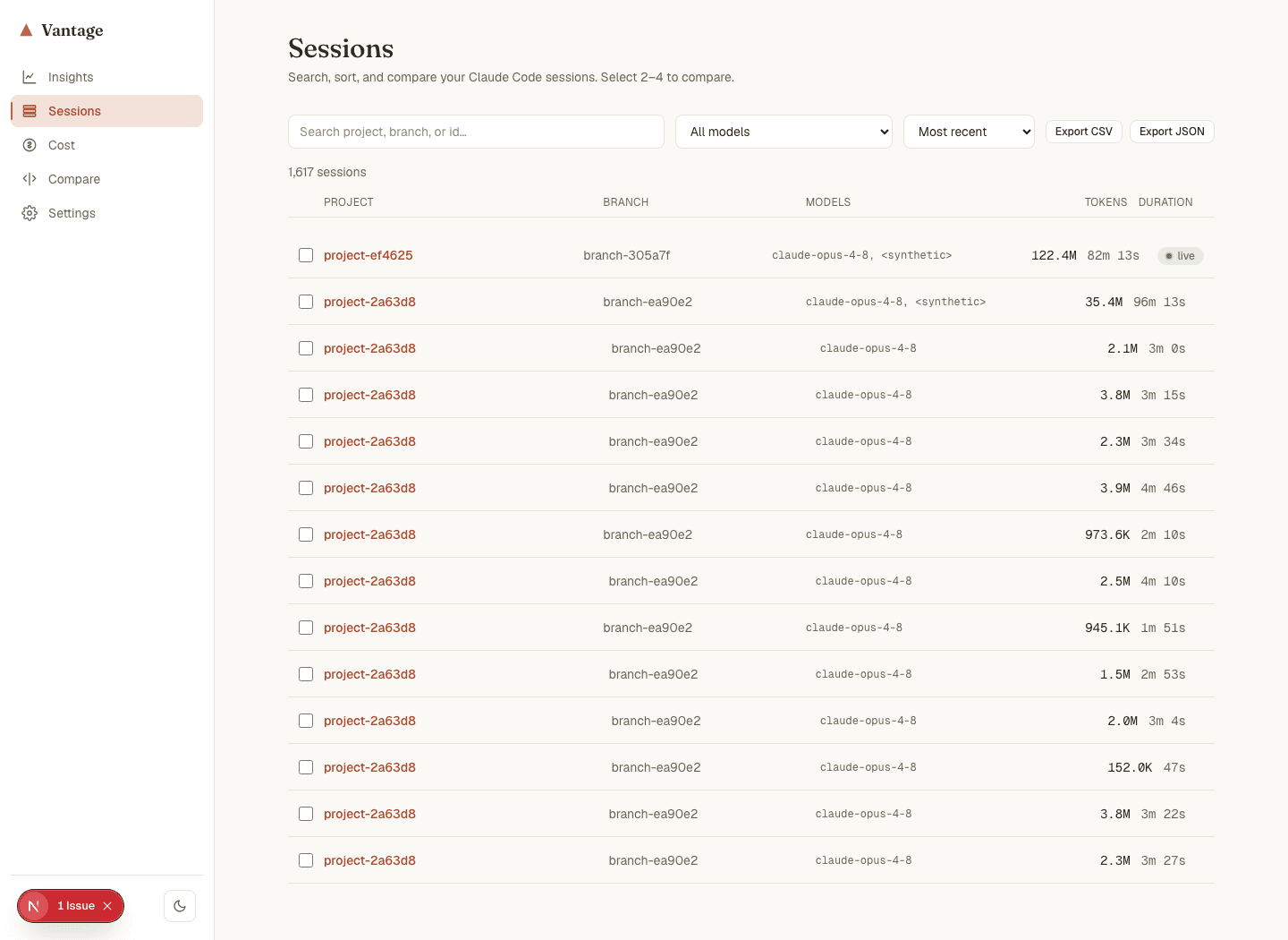 Vantage session explorer with search, filter, and a per-session agent timeline